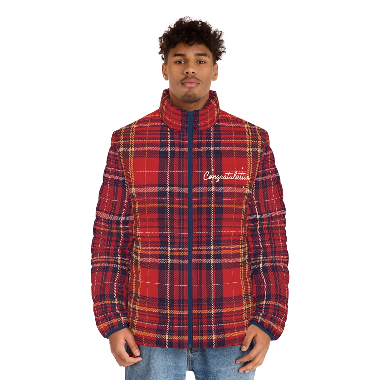 Plaid Men's Puffer Jacket in Red, Cozy Winter Outerwear, Perfect Gift for Holidays, Casual Style, Congratulations Theme