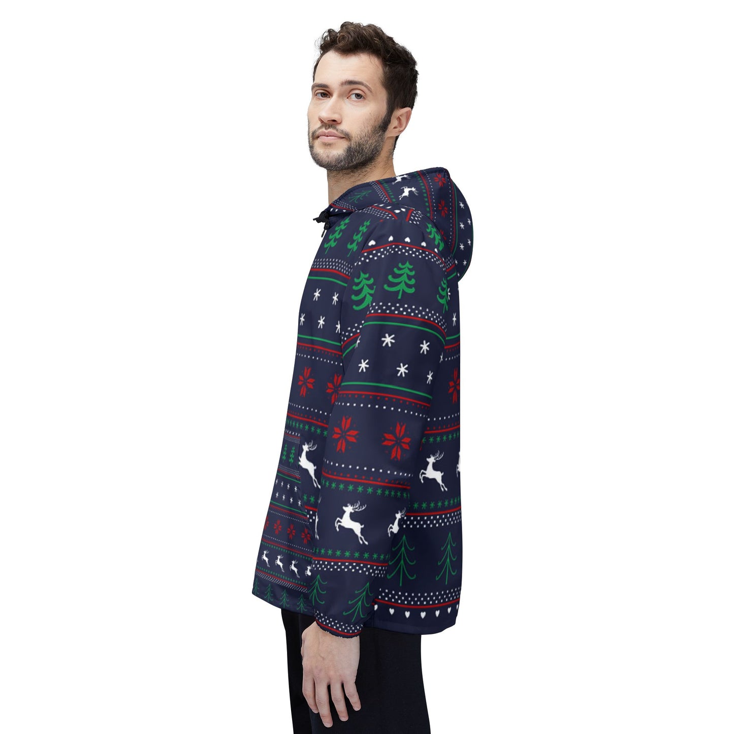 Festive Windbreaker Jacket, Christmas Outerwear, Holiday Gift, Reindeer Pattern Jacket, Winter Layering, Cozy Jacket for Celebrations