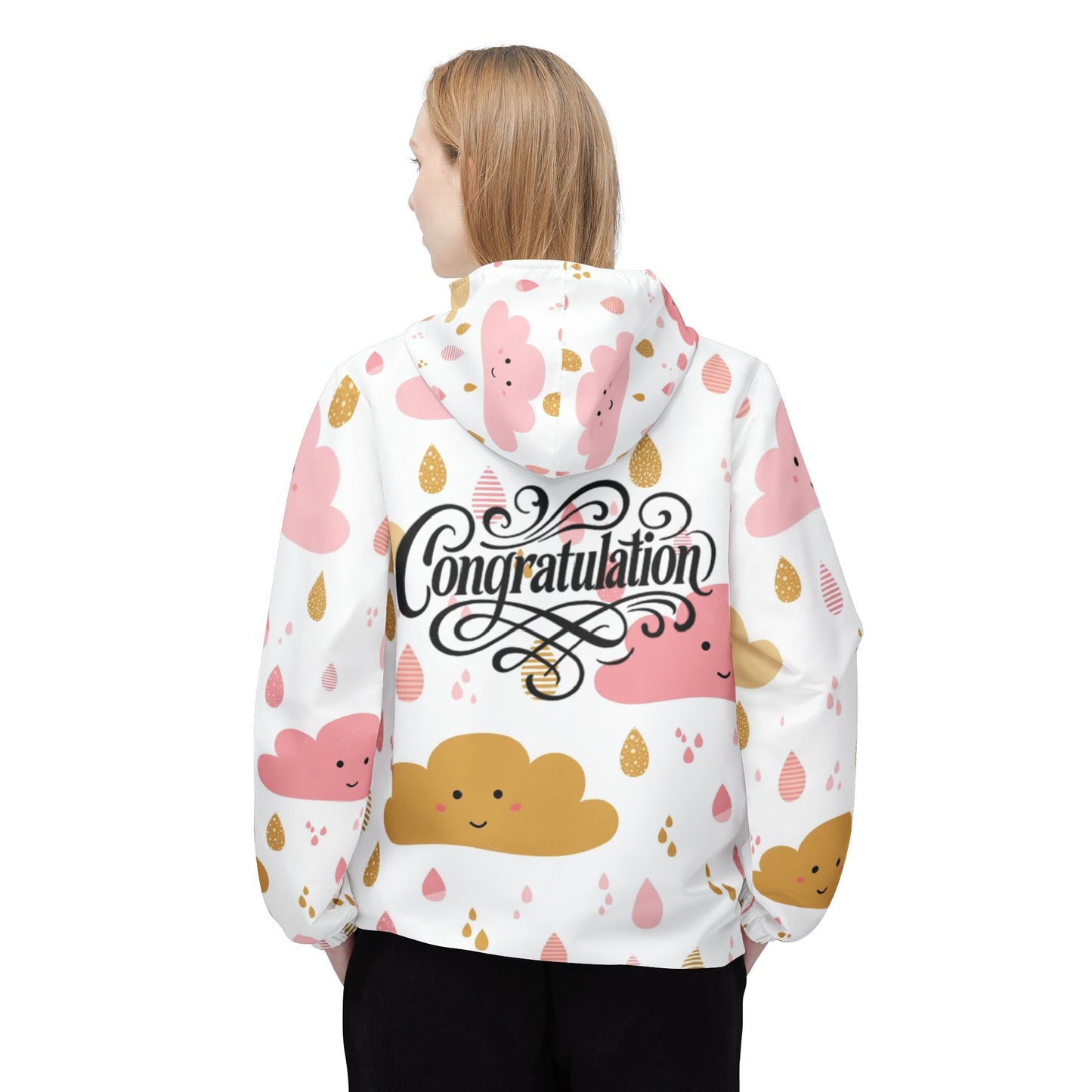 Cheerful Cloud Print Windbreaker Jacket | Fun Rainy Day Jacket, Casual Outdoor Wear, Gift for Her, Congratulations Gift, Cute Rainwear