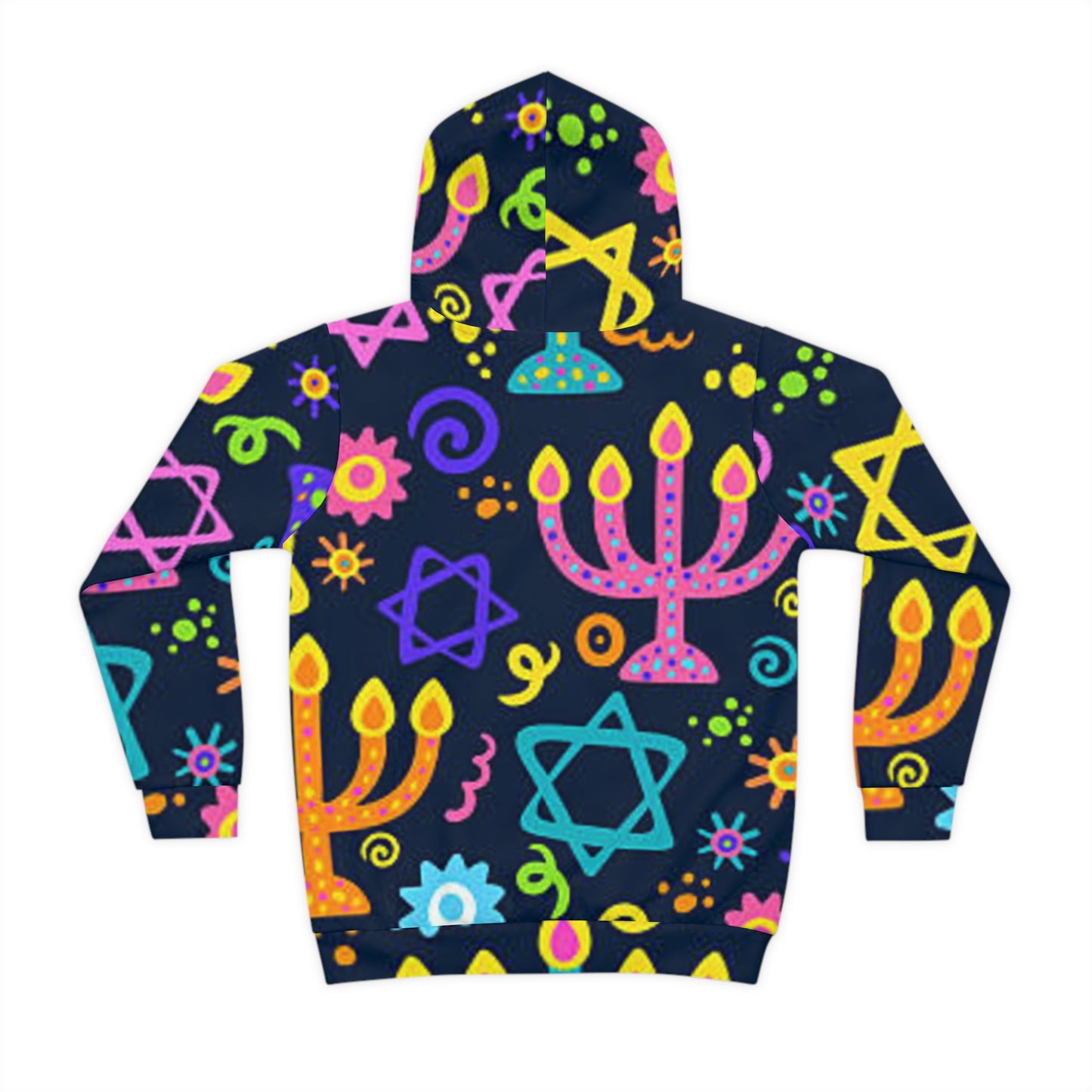 Vibrant Kids' Hoodie with Menorah and Stars, Cozy Holiday Wear, Perfect for Hanukkah, Gift for Children, Playful Design