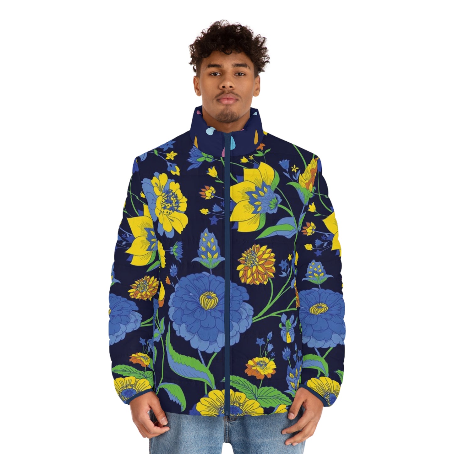 Floral Men's Puffer Jacket, Cozy Winter Wear, Stylish Outerwear, Flower Pattern Jacket, Gift for Him