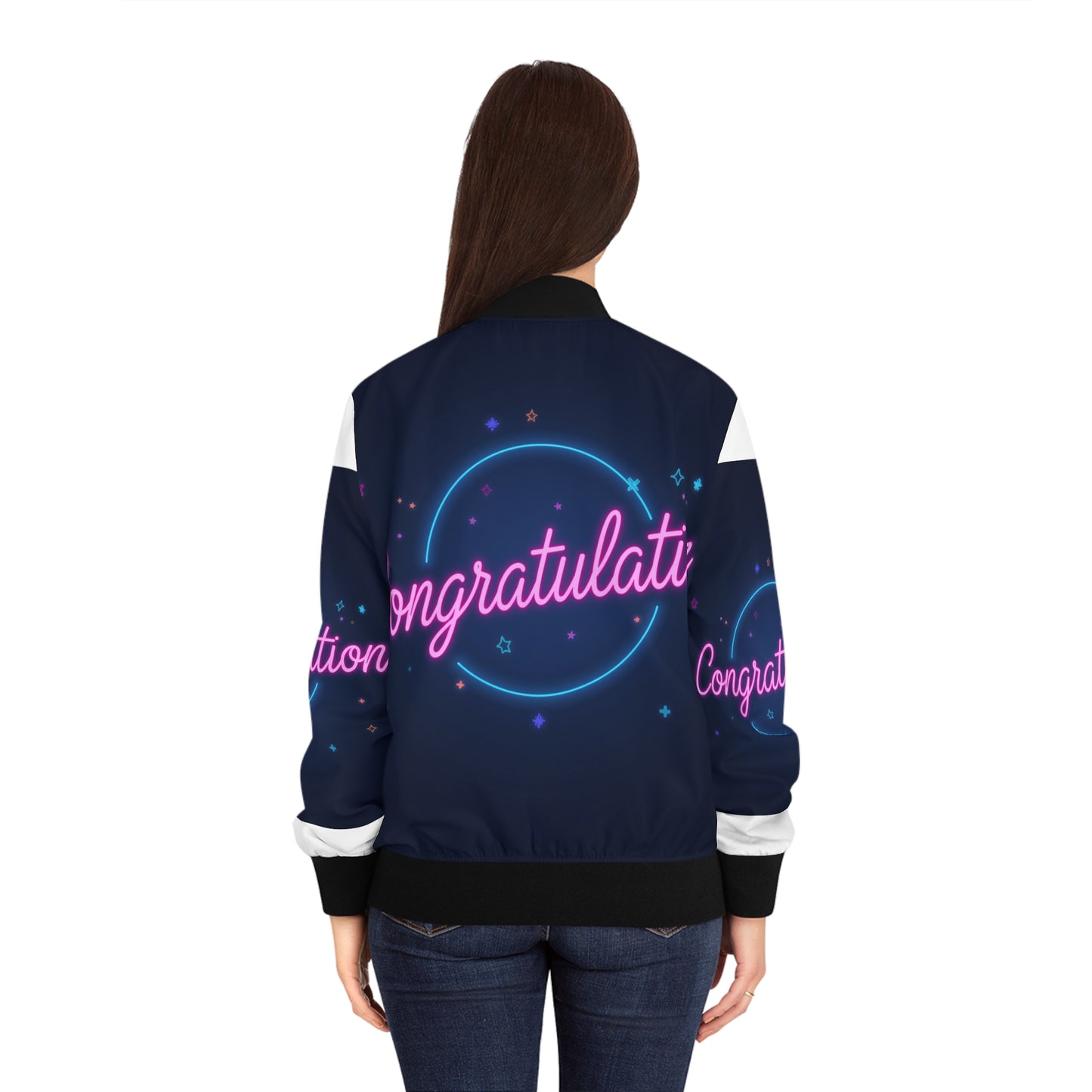 Women's Congratulations Bomber Jacket, Trendy Outerwear, Stylish Gift for Her, Perfect for Celebrations, Customizable Fashion