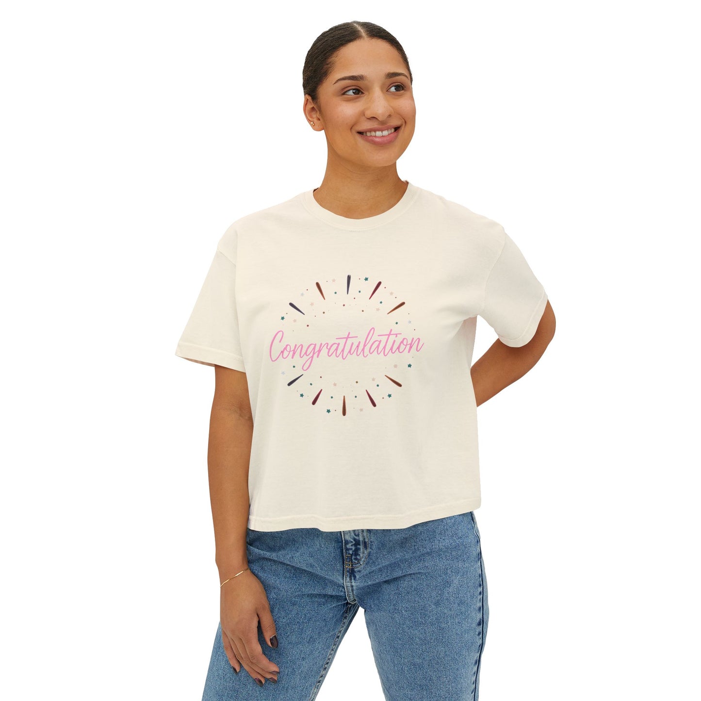 Celebratory Women's Boxy Tee, Congrats T-Shirt, Graduation Gift, Casual Wear, Birthday Celebration, Everyday Style