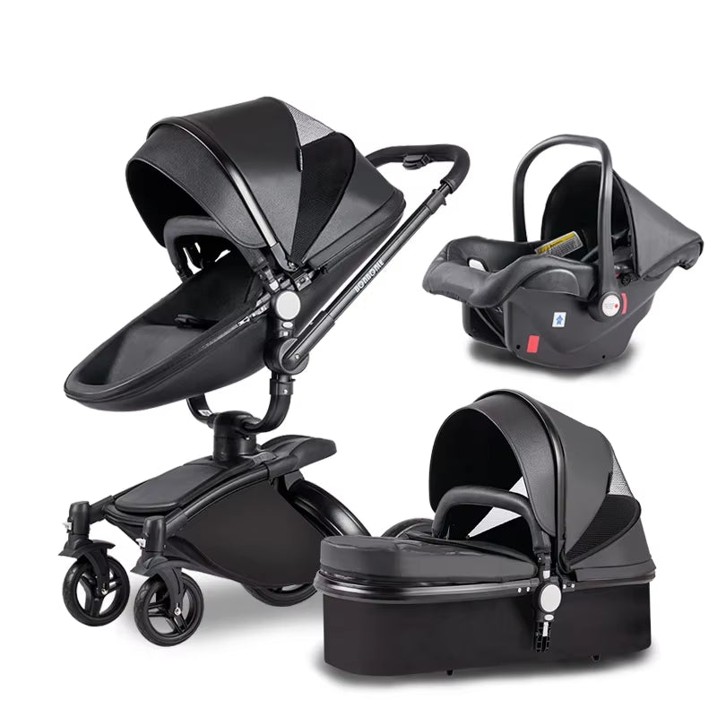 Baby Stroller 3 in 1 Luxury Pram for Newborn Carriage PU Leather High Landscape Trolley Car 360 Rotating Baby Pushchair Shell