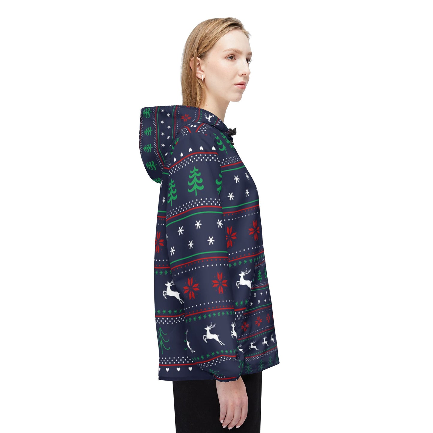 Festive Windbreaker Jacket, Christmas Outerwear, Holiday Gift, Reindeer Pattern Jacket, Winter Layering, Cozy Jacket for Celebrations