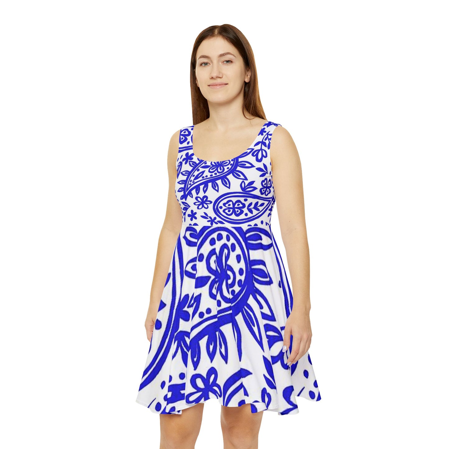 Blue Paisley Women's Skater Dress, Flowy Summer Dress, Casual Dress, Bohemian Style, Vacation Outfit, Festival Wear