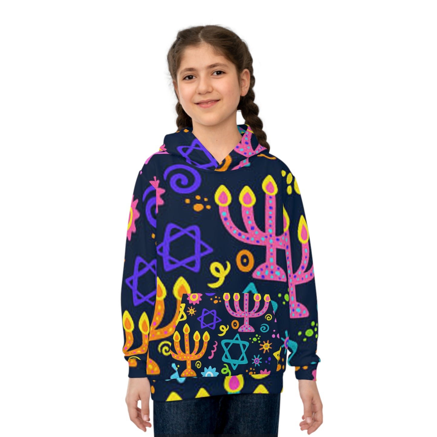 Vibrant Kids' Hoodie with Menorah and Stars, Cozy Holiday Wear, Perfect for Hanukkah, Gift for Children, Playful Design