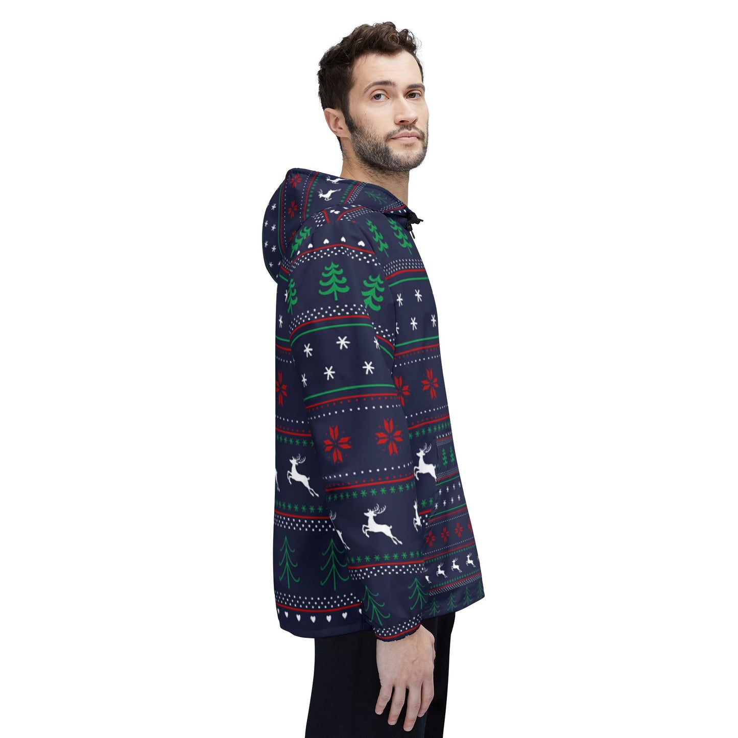 Festive Windbreaker Jacket, Christmas Outerwear, Holiday Gift, Reindeer Pattern Jacket, Winter Layering, Cozy Jacket for Celebrations