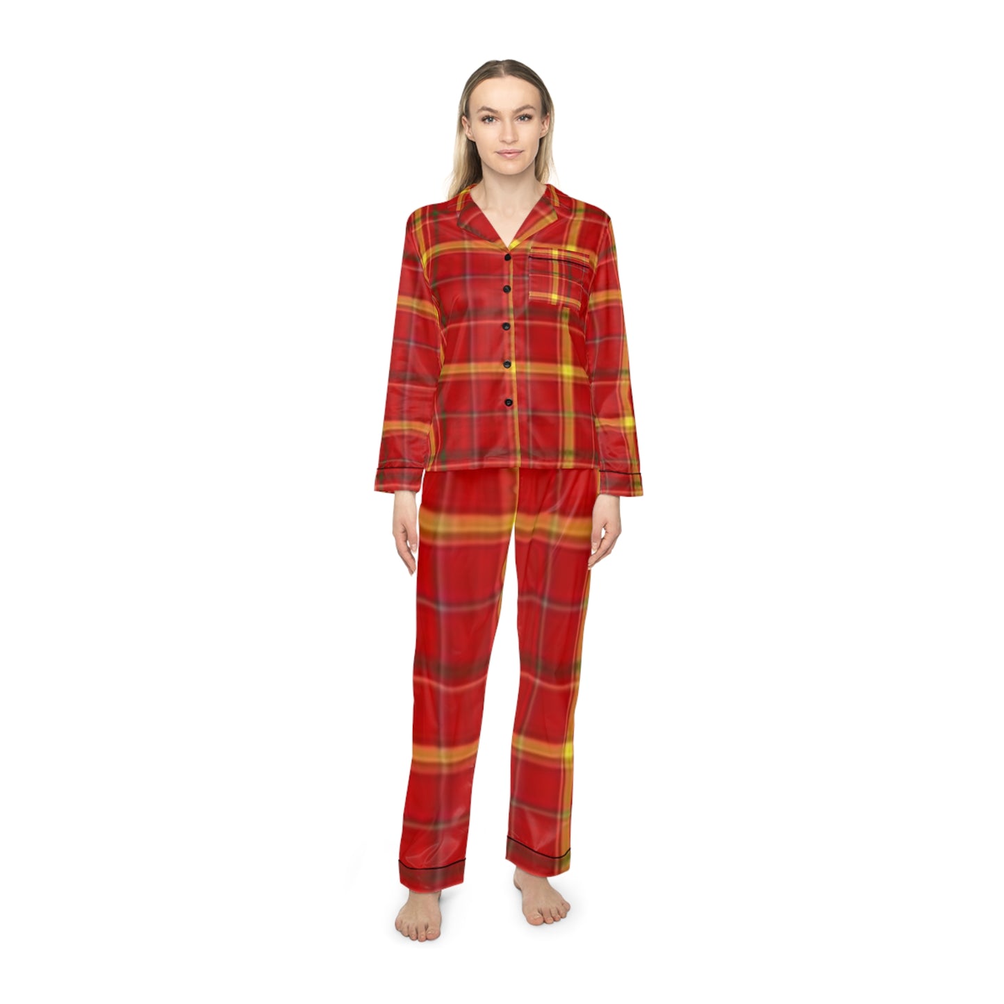 Cozy Holiday Women's Satin Pajamas, Festive PJs, Relaxing Loungewear, Plaid Sleep Set, Christmas Gift Idea