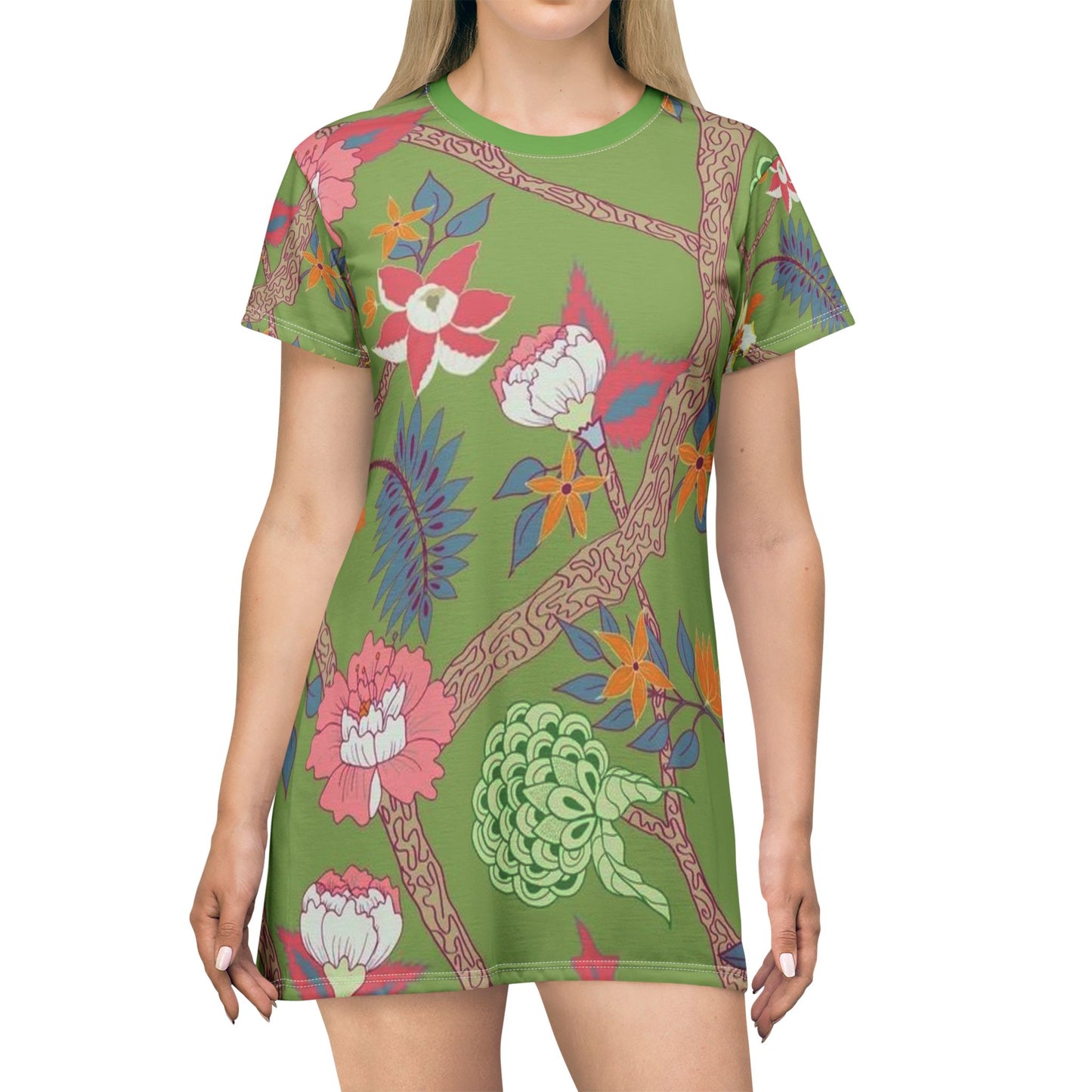Tropical Floral T-Shirt Dress, Easygoing Summer Outfit, Vacation Wear, Casual Everyday Dress, Gift for Her, Beach Party Dress