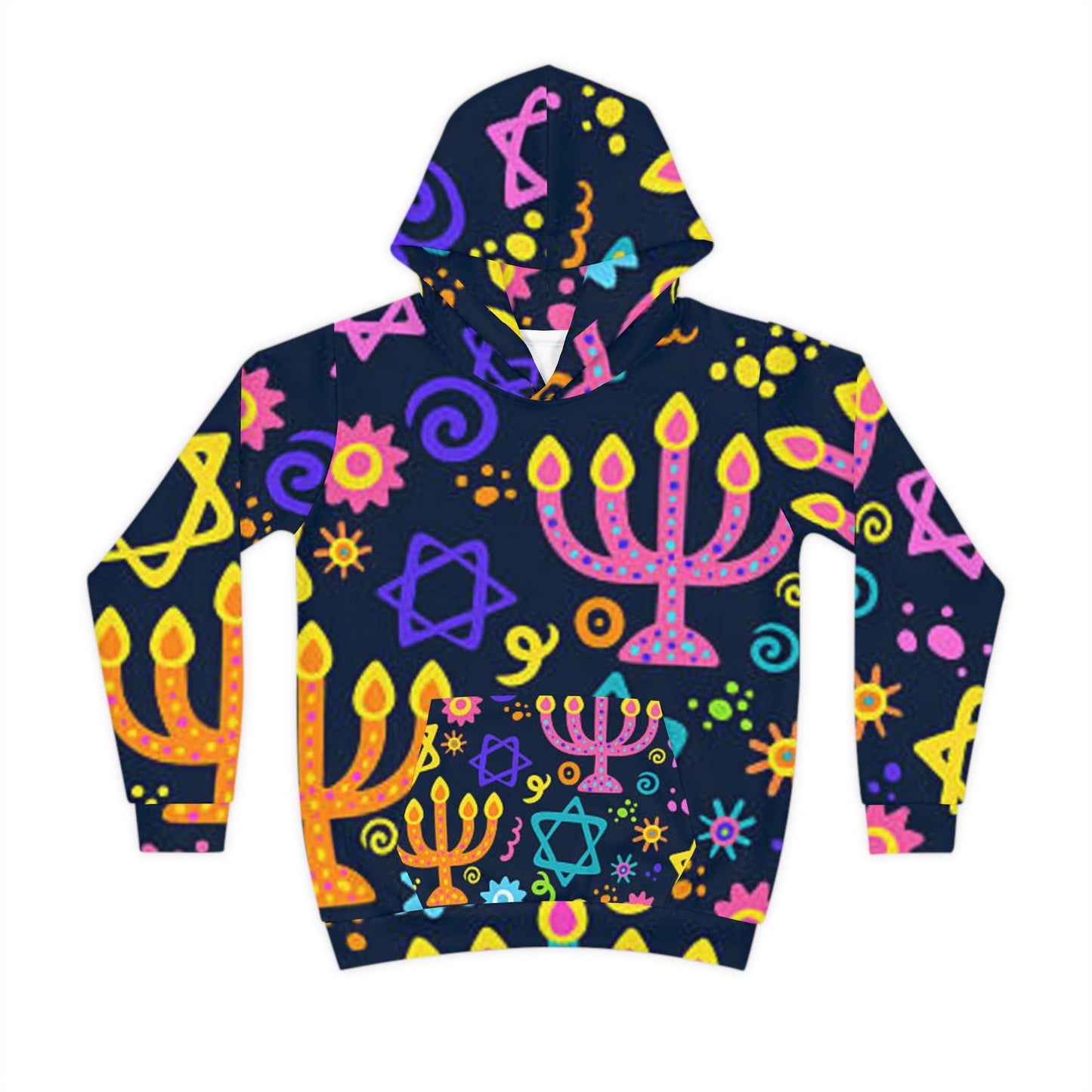 Vibrant Kids' Hoodie with Menorah and Stars, Cozy Holiday Wear, Perfect for Hanukkah, Gift for Children, Playful Design