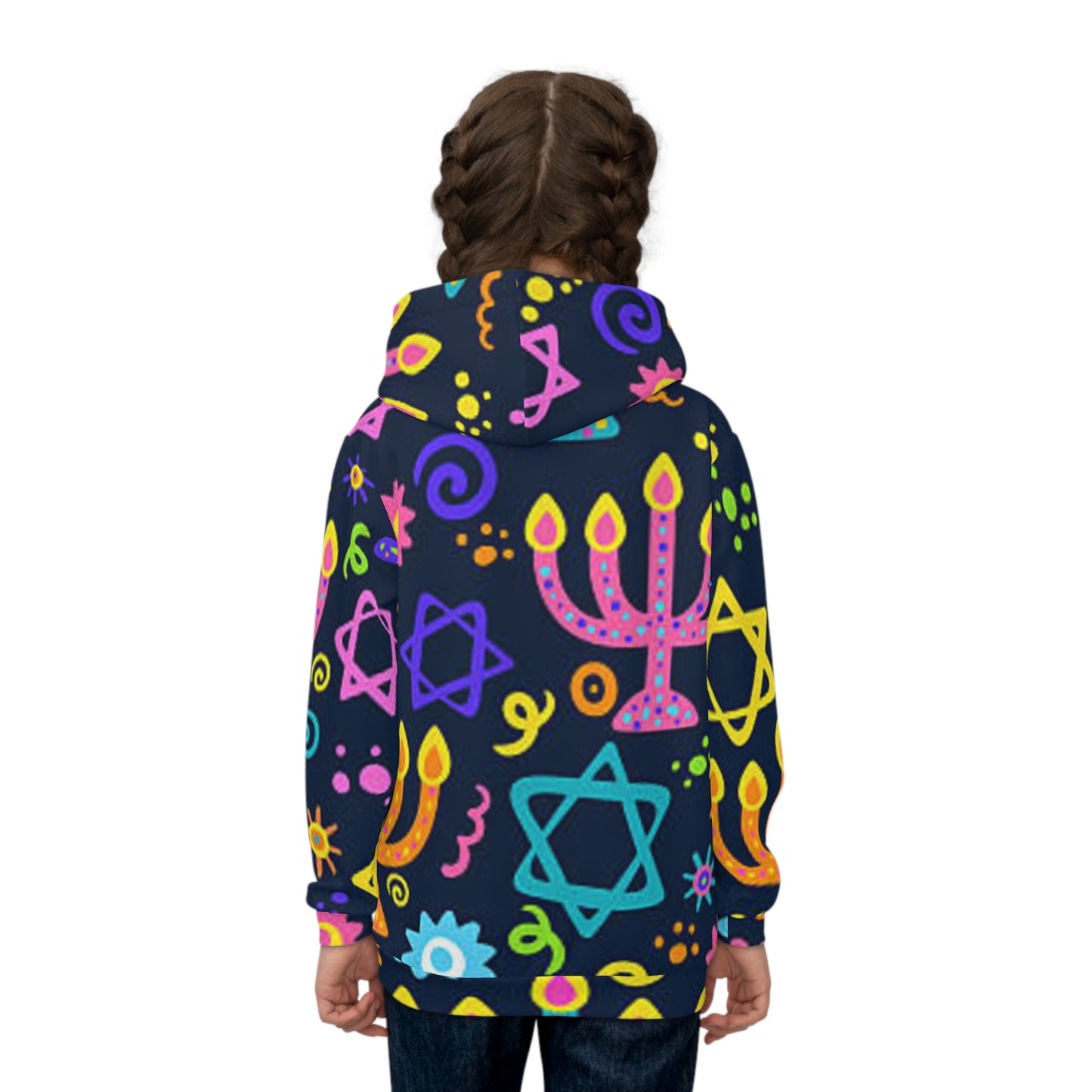 Vibrant Kids' Hoodie with Menorah and Stars, Cozy Holiday Wear, Perfect for Hanukkah, Gift for Children, Playful Design