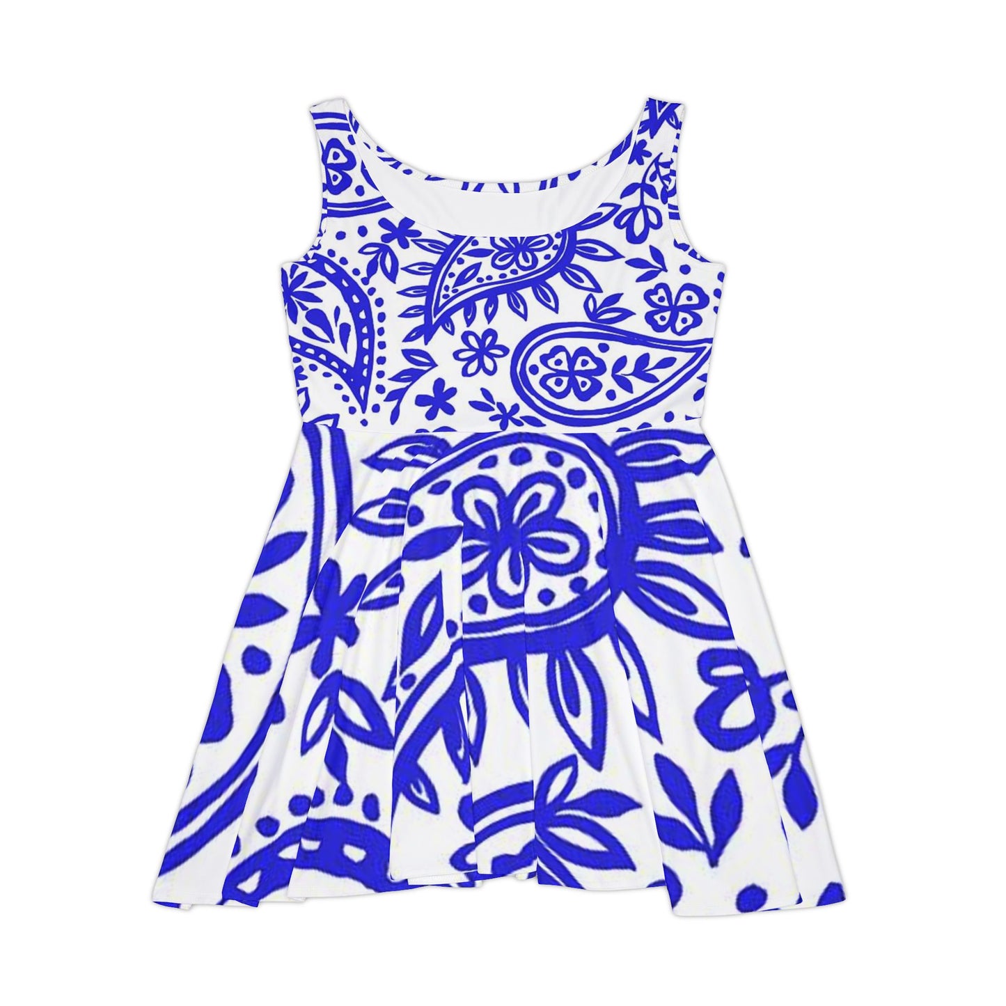 Blue Paisley Women's Skater Dress, Flowy Summer Dress, Casual Dress, Bohemian Style, Vacation Outfit, Festival Wear