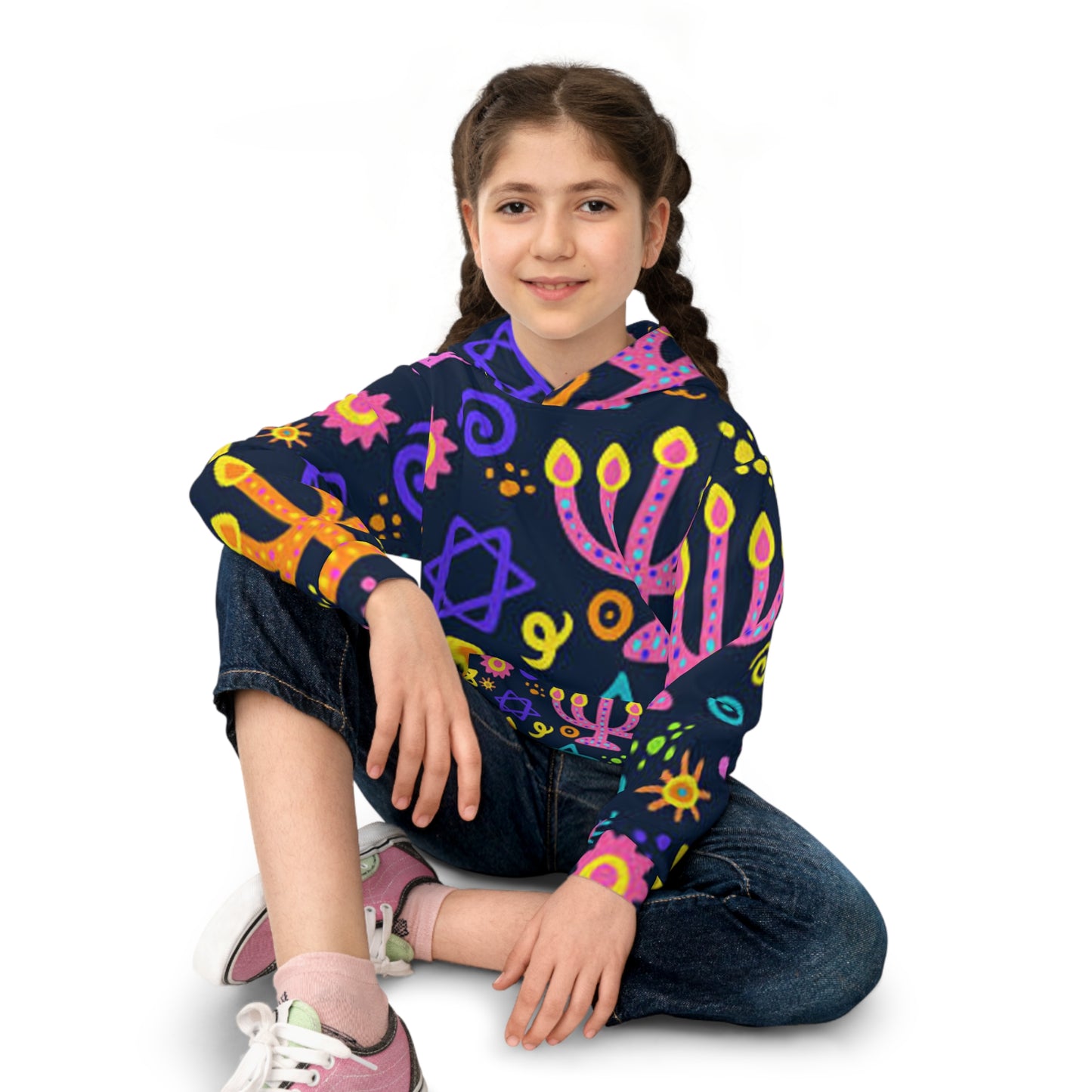 Vibrant Kids' Hoodie with Menorah and Stars, Cozy Holiday Wear, Perfect for Hanukkah, Gift for Children, Playful Design