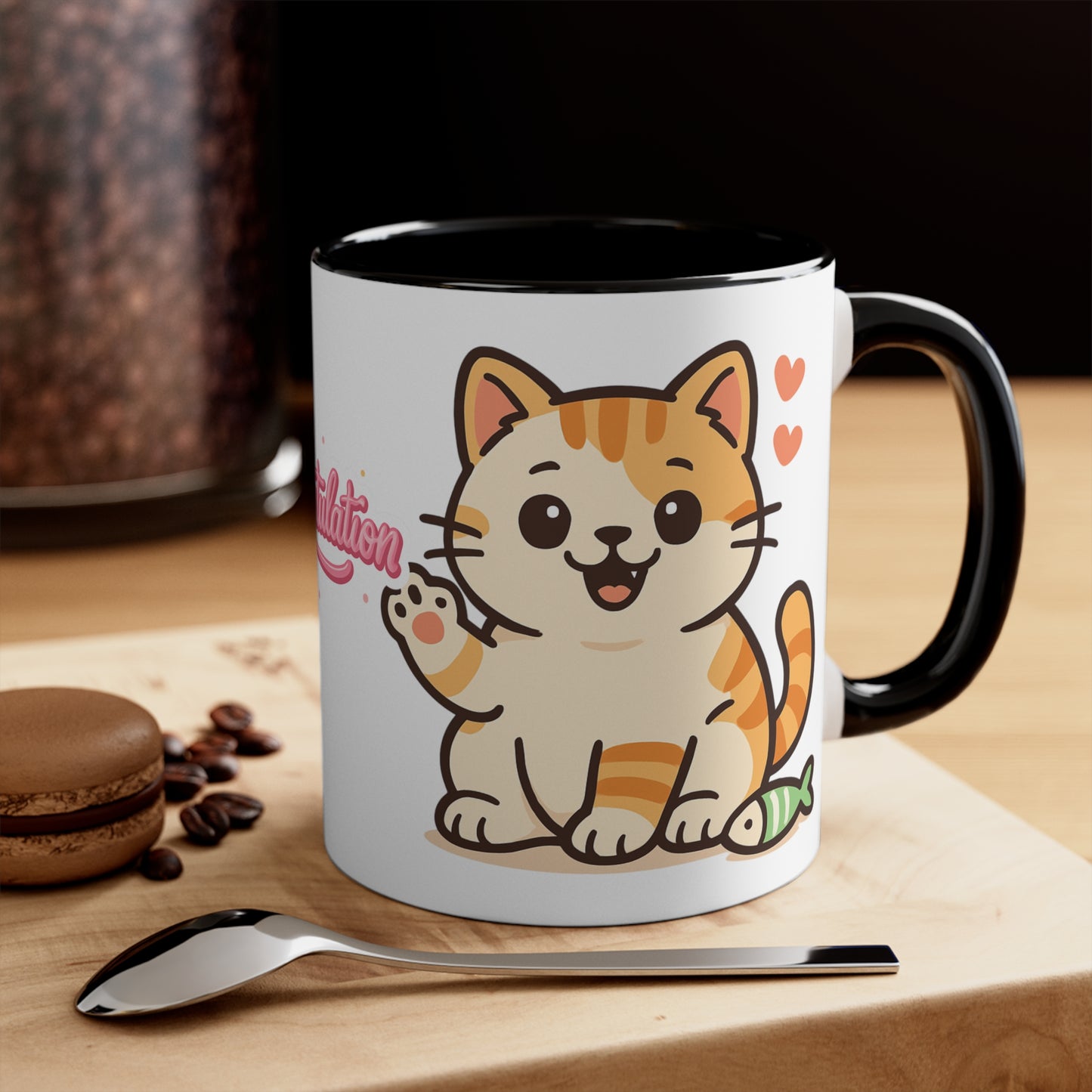 Celebratory Cat Accent Mug - Cute Congratulation Gift, Cat Lover Coffee Cup, Animal Art Mug, Joyful Drinkware, Cute Kitty Gift