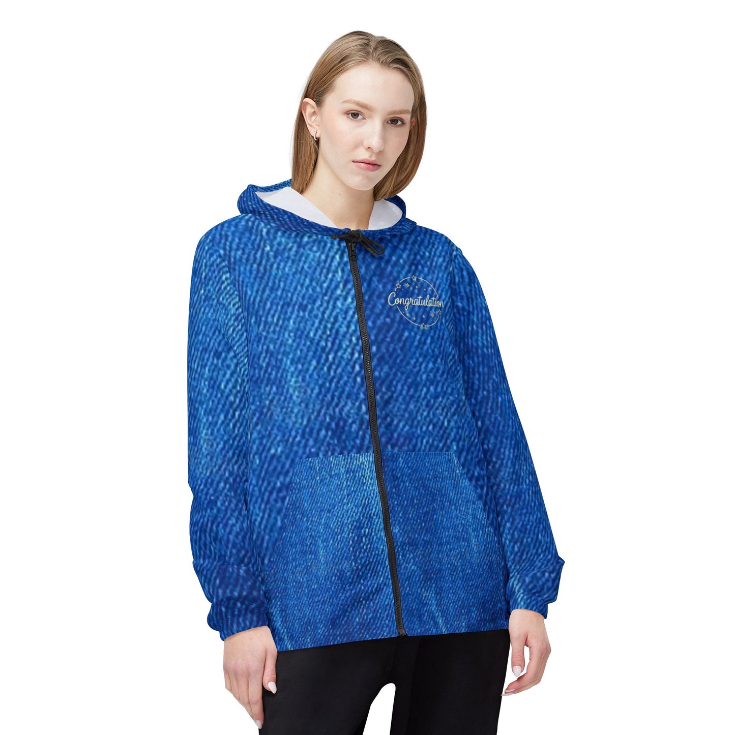 Stylish Denim Print Windbreaker Jacket, Rain Jacket for Outdoor Activities, Trendy Lightweight Jacket, Casual Wear, Perfect for Festivals