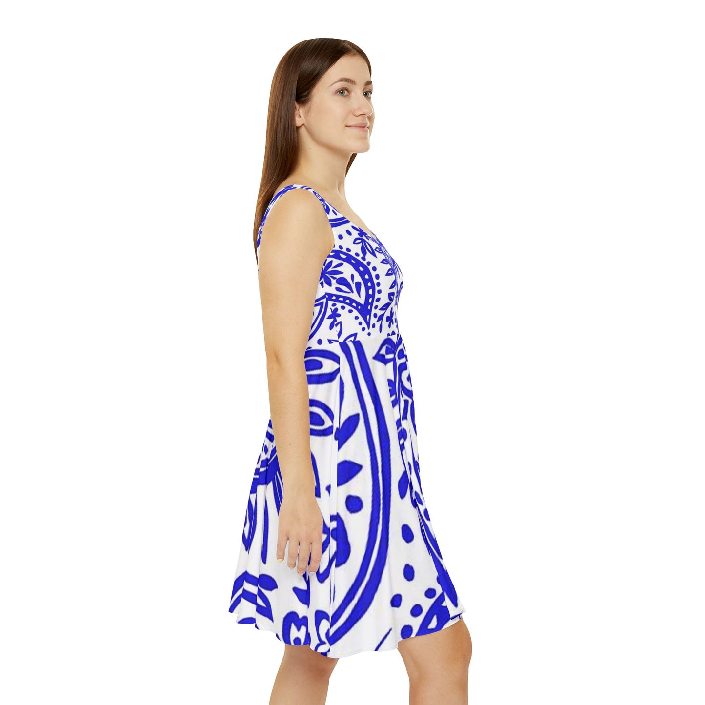 Blue Paisley Women's Skater Dress, Flowy Summer Dress, Casual Dress, Bohemian Style, Vacation Outfit, Festival Wear