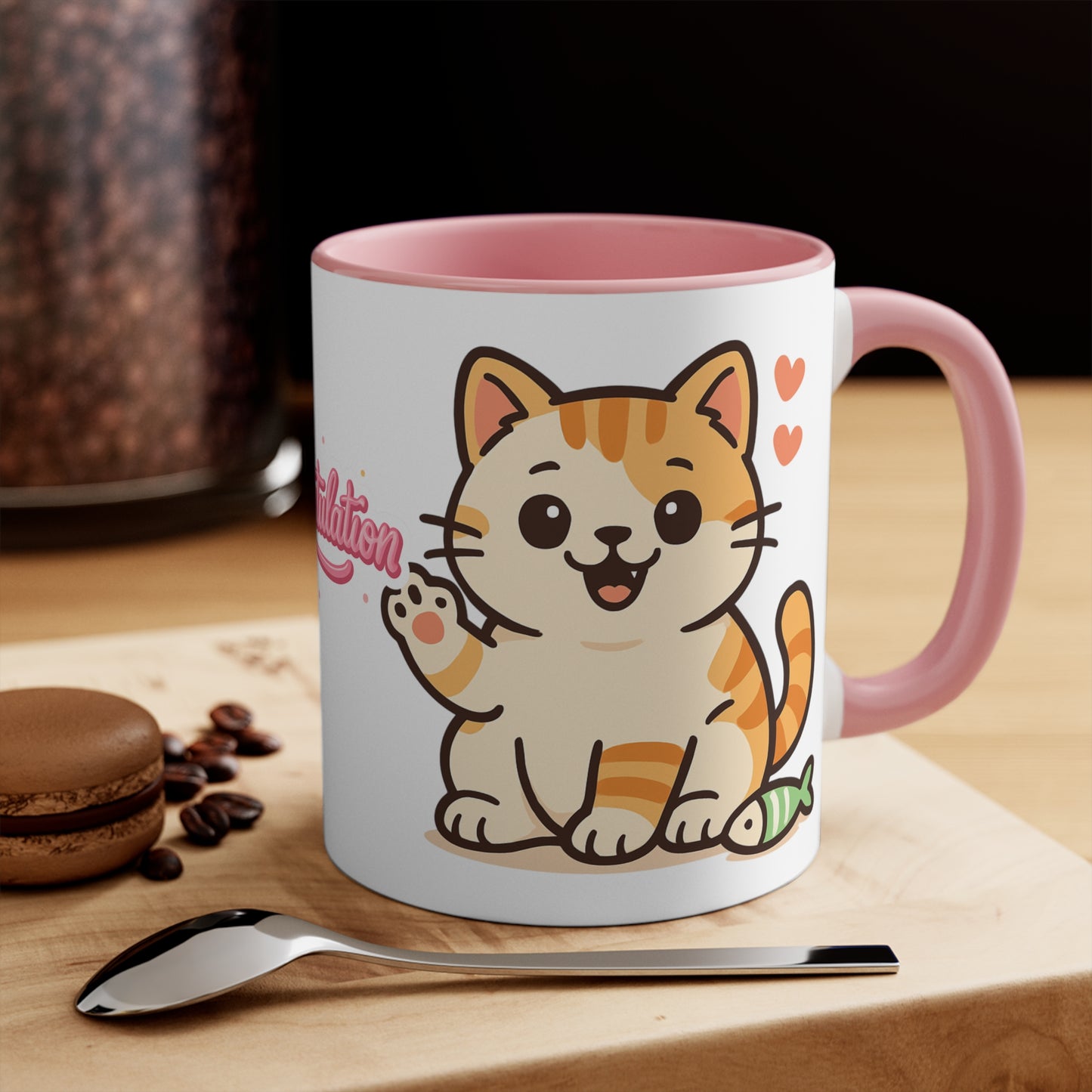 Celebratory Cat Accent Mug - Cute Congratulation Gift, Cat Lover Coffee Cup, Animal Art Mug, Joyful Drinkware, Cute Kitty Gift