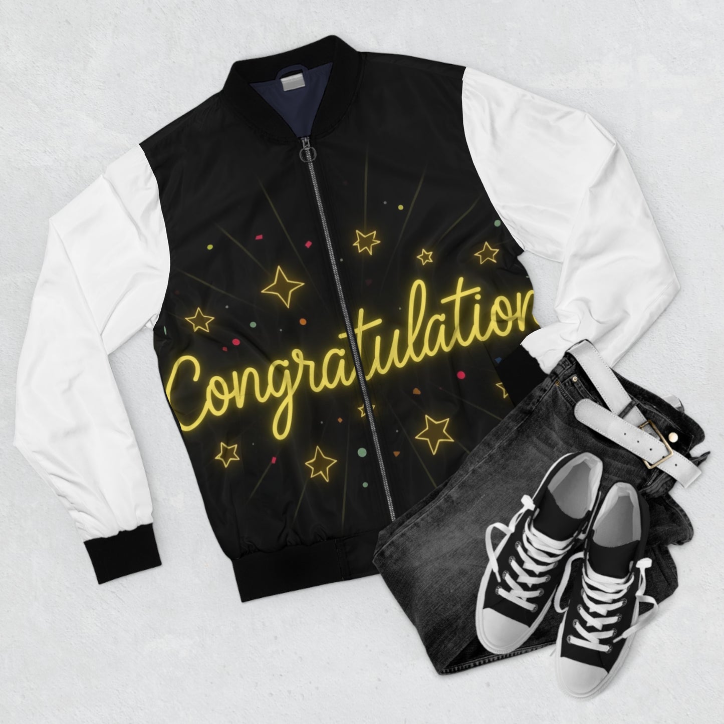 Congratulations Men's Bomber Jacket, Unique Gift, Celebration Jacket, Trendy Outerwear, Stylish Apparel