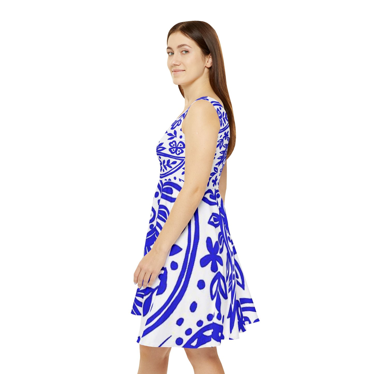 Blue Paisley Women's Skater Dress, Flowy Summer Dress, Casual Dress, Bohemian Style, Vacation Outfit, Festival Wear