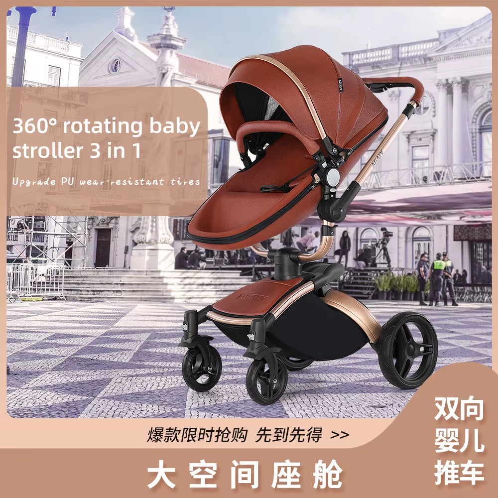 Baby Stroller 3 in 1 Luxury Pram for Newborn Carriage PU Leather High Landscape Trolley Car 360 Rotating Baby Pushchair Shell