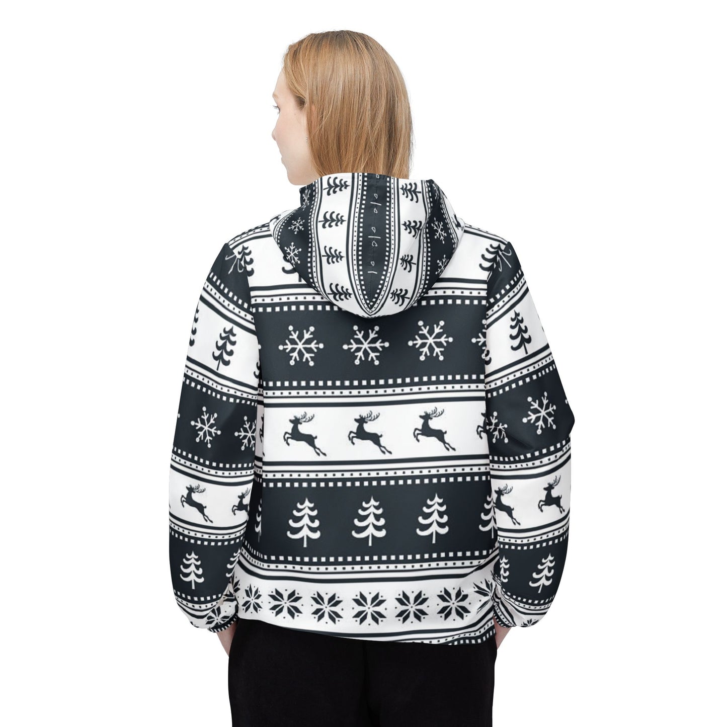 Festive Windbreaker Jacket, Cozy Christmas Outerwear, Unisex Holiday Jacket, Snowflake Print Raincoat, Winter Fashion Gift
