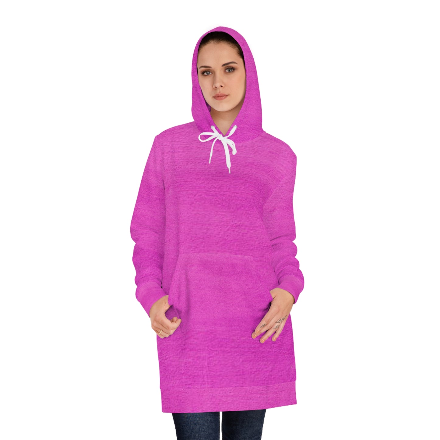 Women's all-over print hoodie dress: comfy, stylish, and versatile. Relaxed fit, cozy feel, and unique print for a standout, trendy look.
