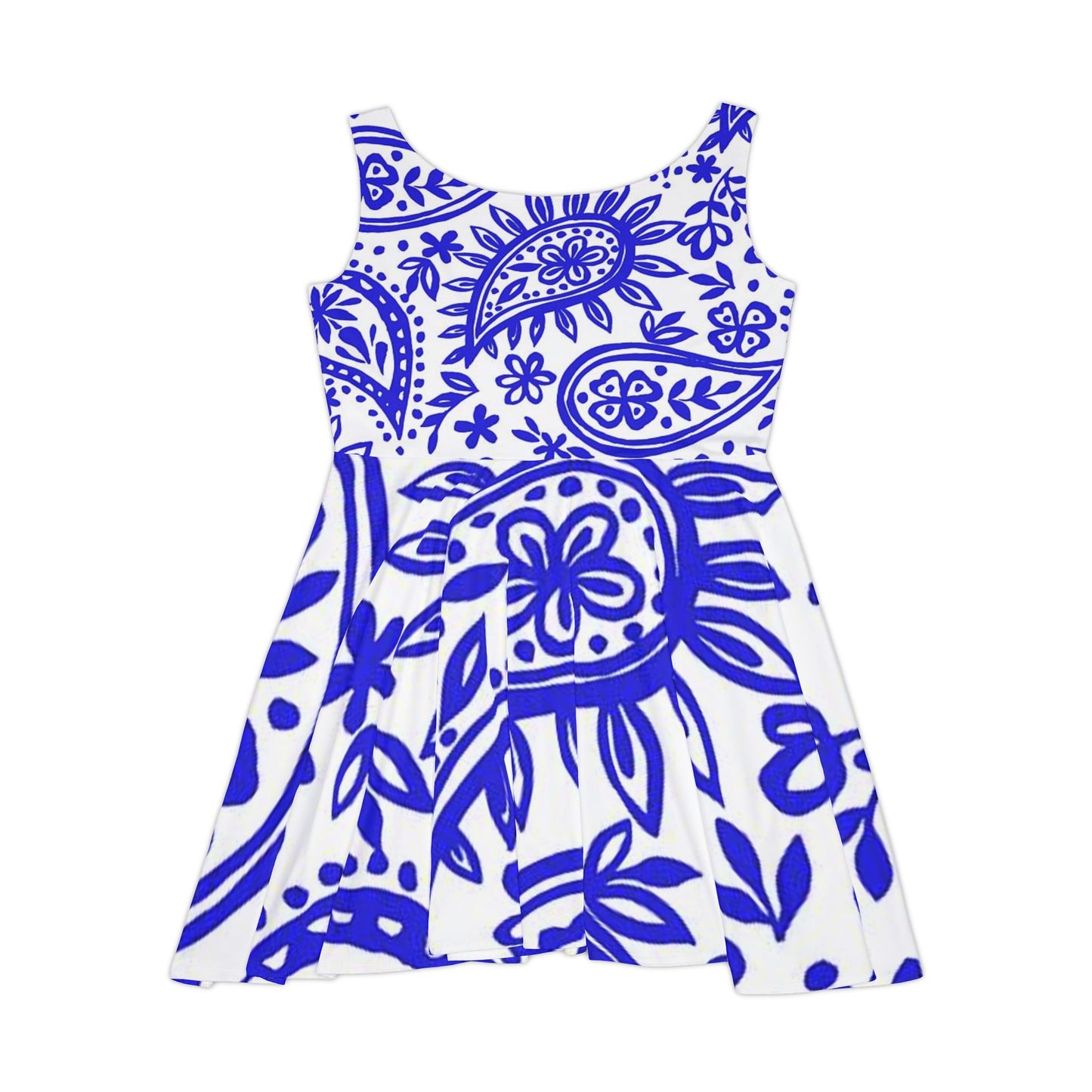 Blue Paisley Women's Skater Dress, Flowy Summer Dress, Casual Dress, Bohemian Style, Vacation Outfit, Festival Wear