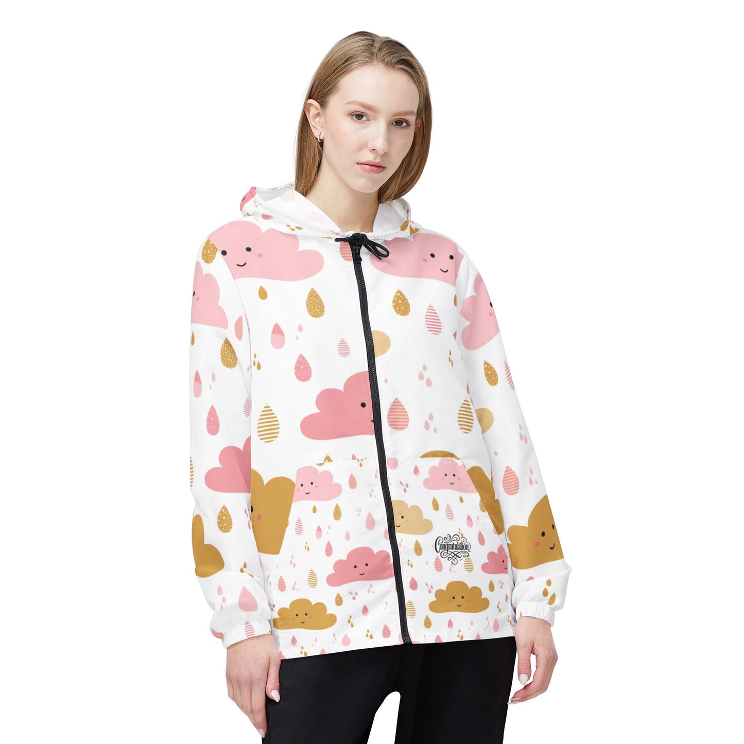 Cheerful Cloud Print Windbreaker Jacket | Fun Rainy Day Jacket, Casual Outdoor Wear, Gift for Her, Congratulations Gift, Cute Rainwear