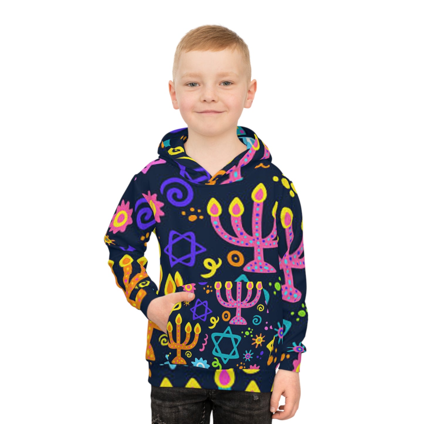 Vibrant Kids' Hoodie with Menorah and Stars, Cozy Holiday Wear, Perfect for Hanukkah, Gift for Children, Playful Design