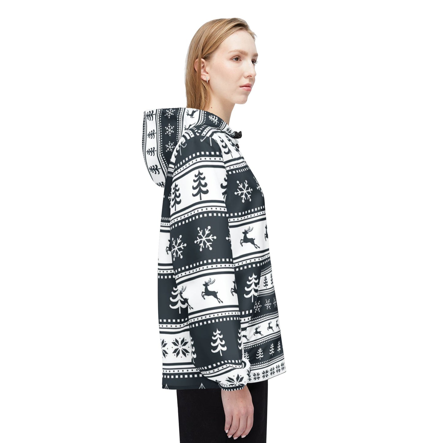 Festive Windbreaker Jacket, Cozy Christmas Outerwear, Unisex Holiday Jacket, Snowflake Print Raincoat, Winter Fashion Gift