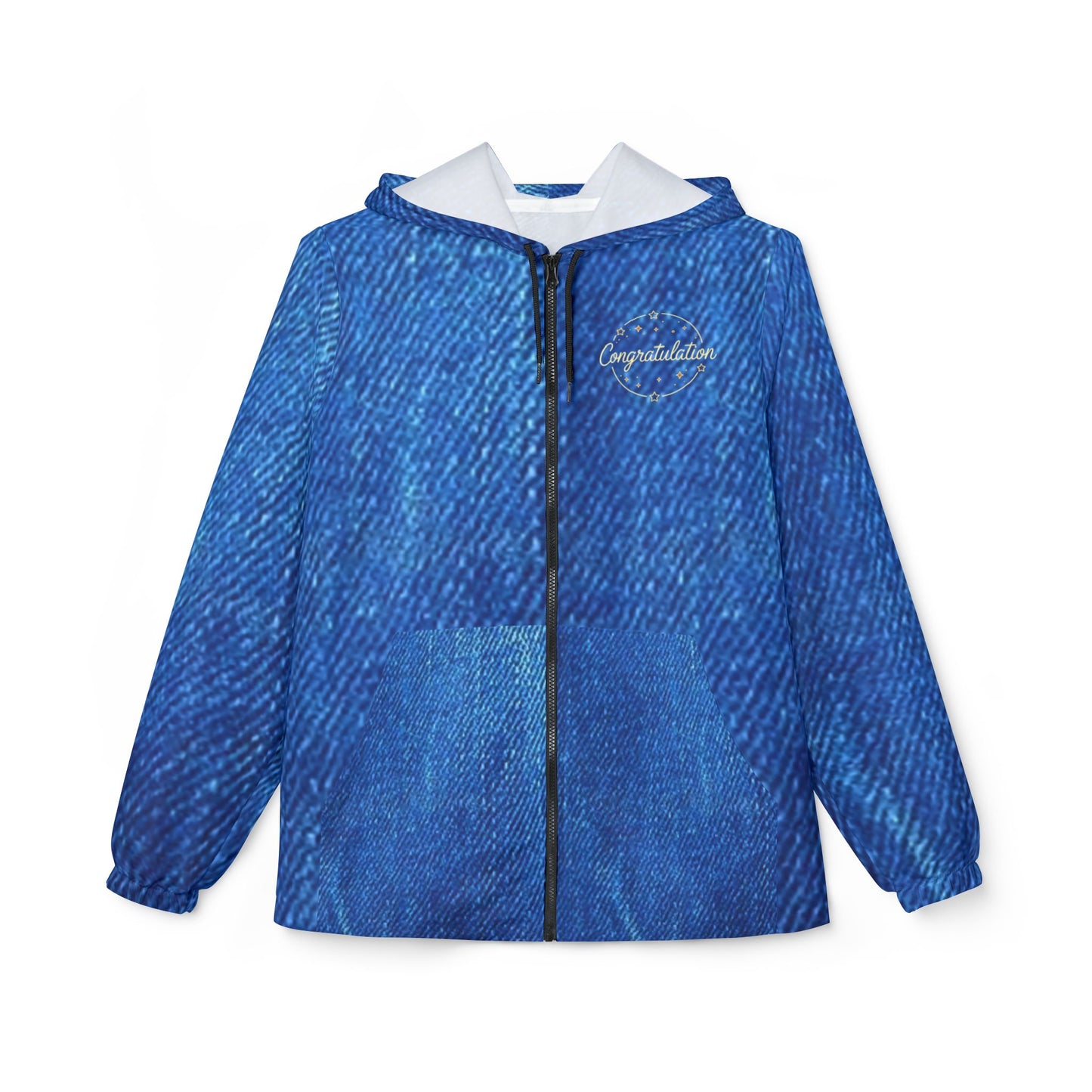 Stylish Denim Print Windbreaker Jacket, Rain Jacket for Outdoor Activities, Trendy Lightweight Jacket, Casual Wear, Perfect for Festivals