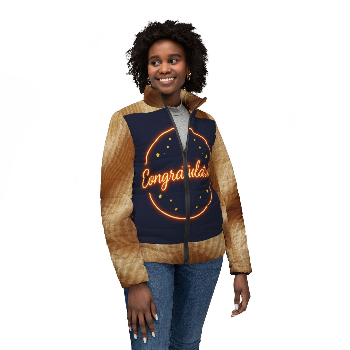 Celebration Women’s Puffer Jacket, Cozy Outerwear, Stylish Gift, Winter Fashion, Holiday Jacket, Congrats Apparel