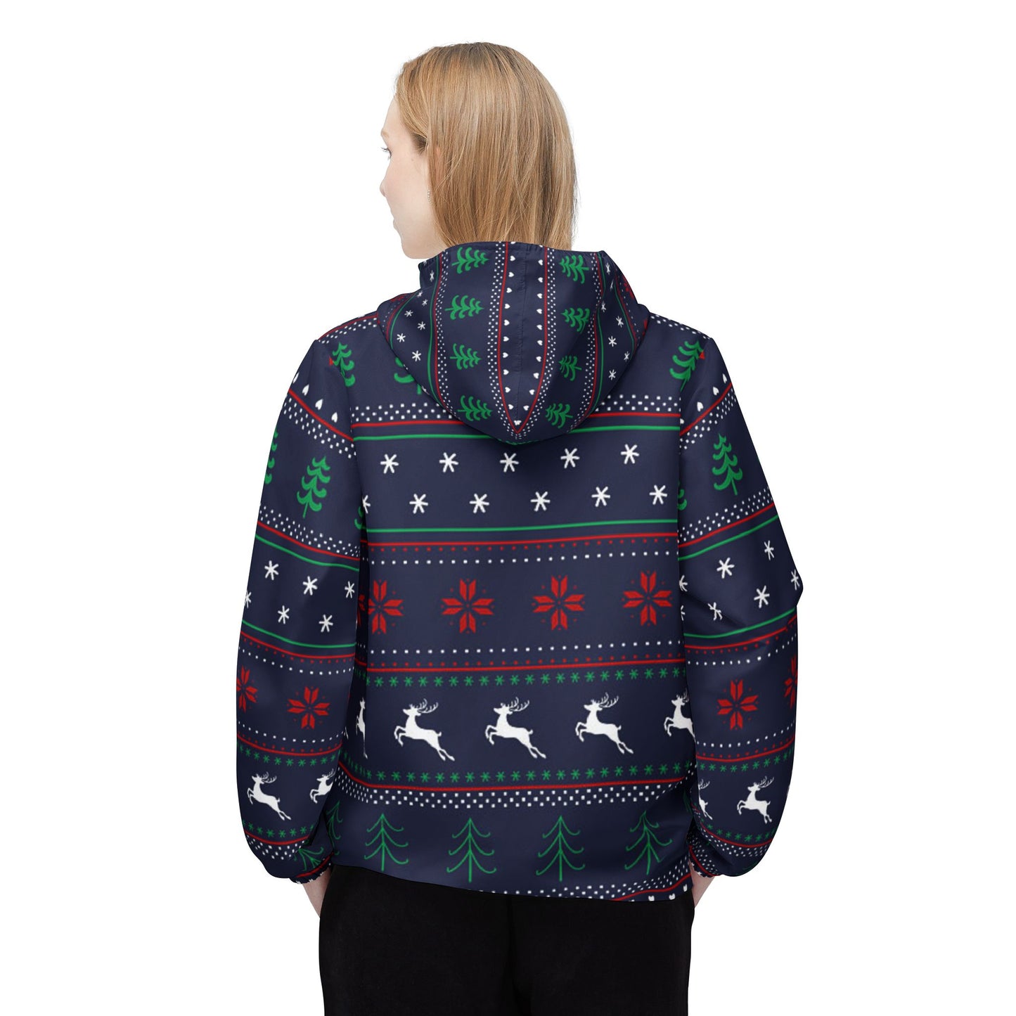 Festive Windbreaker Jacket, Christmas Outerwear, Holiday Gift, Reindeer Pattern Jacket, Winter Layering, Cozy Jacket for Celebrations