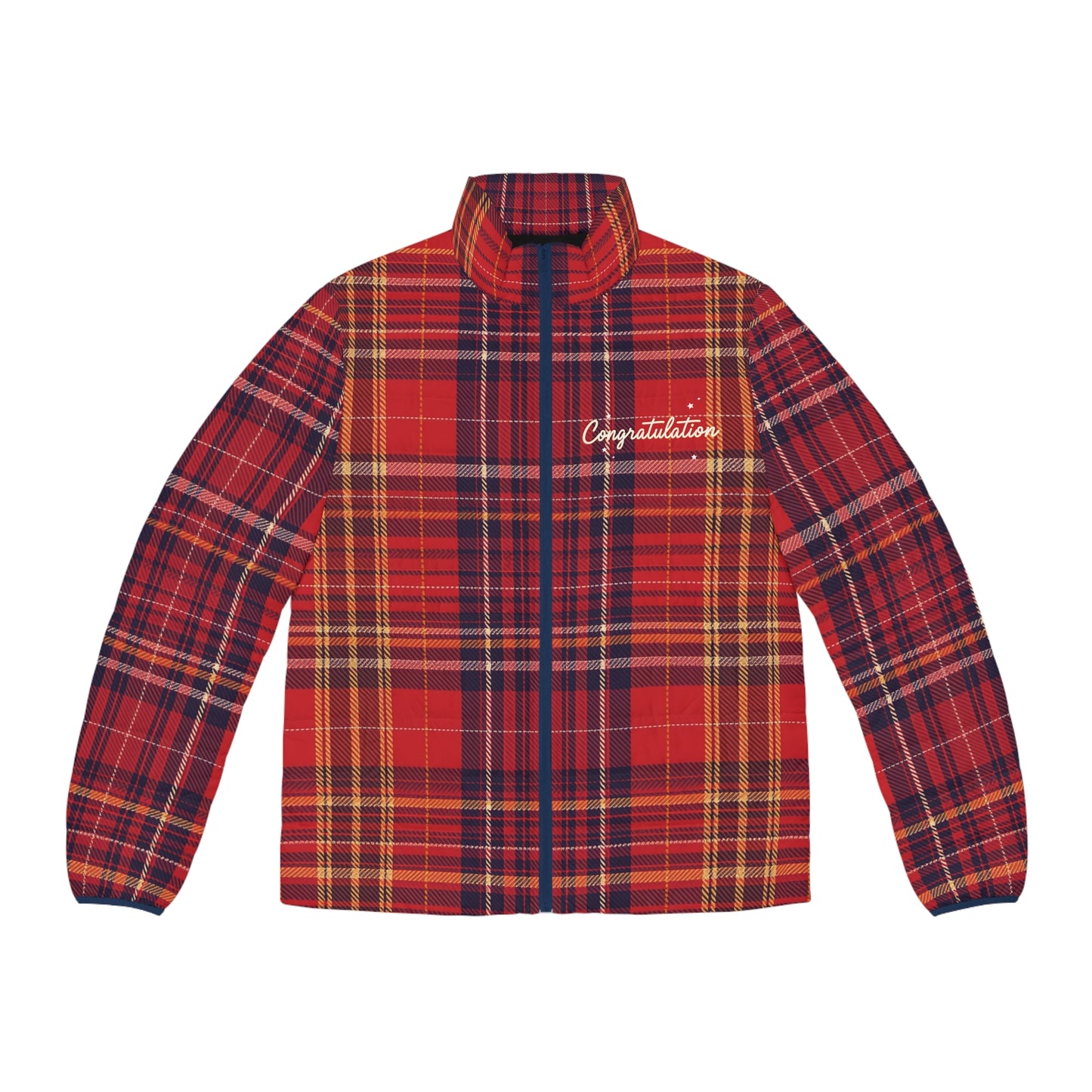 Plaid Men's Puffer Jacket in Red, Cozy Winter Outerwear, Perfect Gift for Holidays, Casual Style, Congratulations Theme