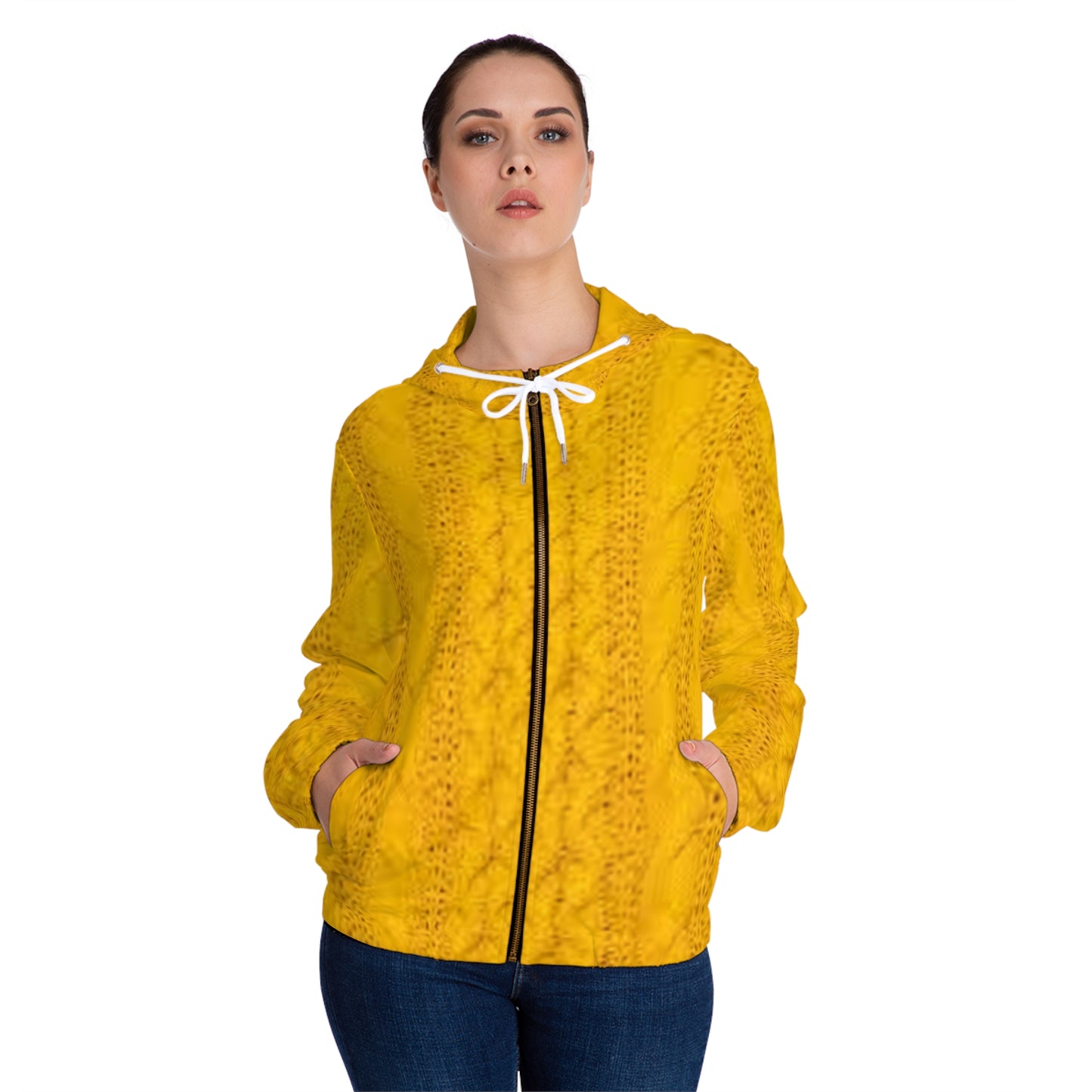 Cozy Yellow Knit Pattern Full-Zip Hoodie, Warm Casual Layer, Fall Fashion, Perfect for Cozy Nights, Gift for Her