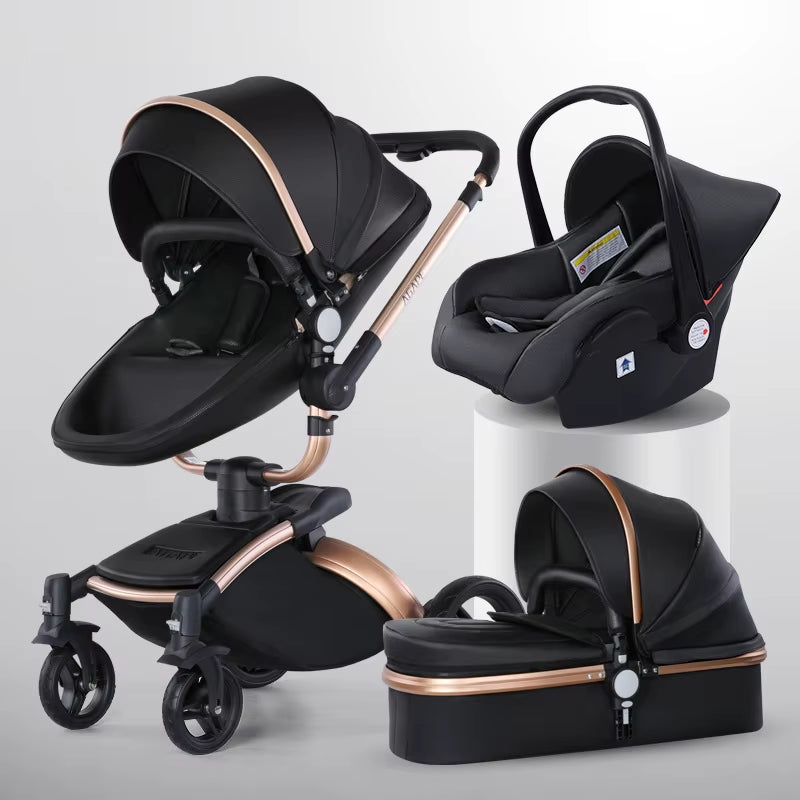 Baby Stroller 3 in 1 Luxury Pram for Newborn Carriage PU Leather High Landscape Trolley Car 360 Rotating Baby Pushchair Shell