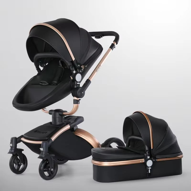 Baby Stroller 3 in 1 Luxury Pram for Newborn Carriage PU Leather High Landscape Trolley Car 360 Rotating Baby Pushchair Shell