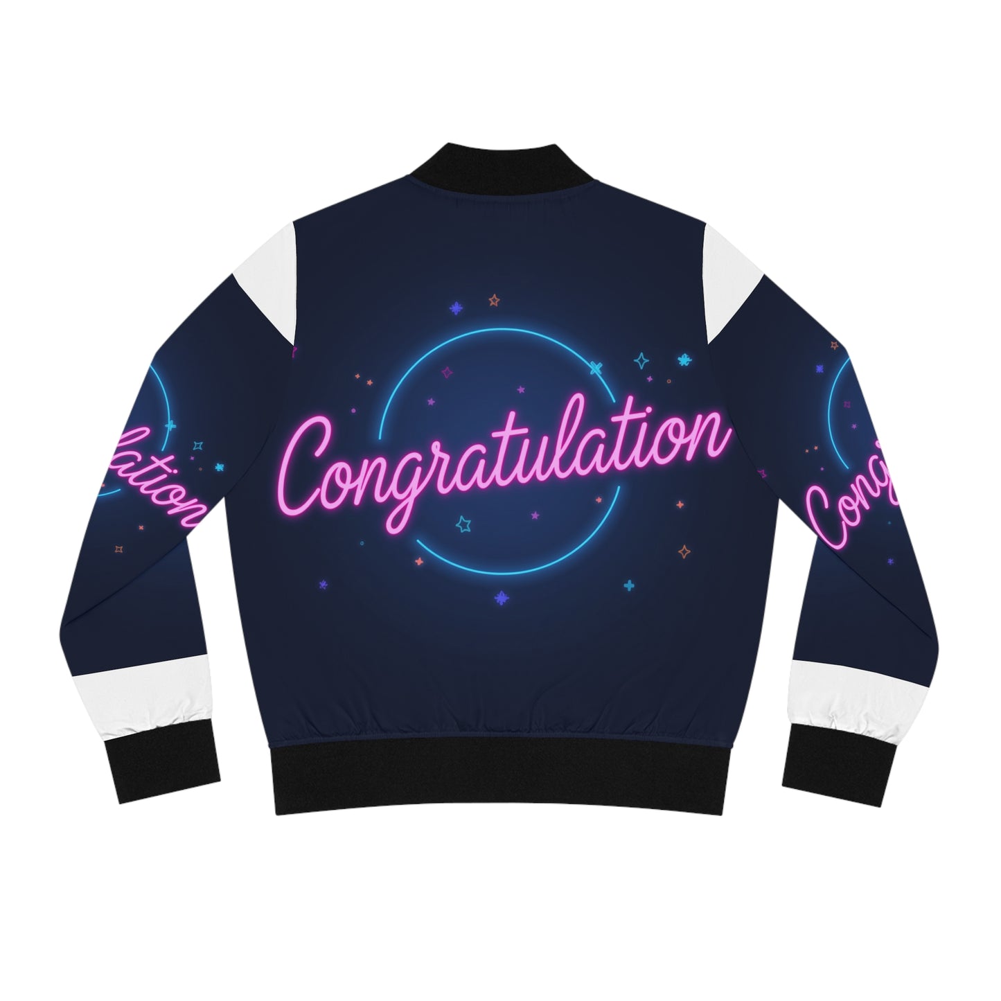 Women's Congratulations Bomber Jacket, Trendy Outerwear, Stylish Gift for Her, Perfect for Celebrations, Customizable Fashion