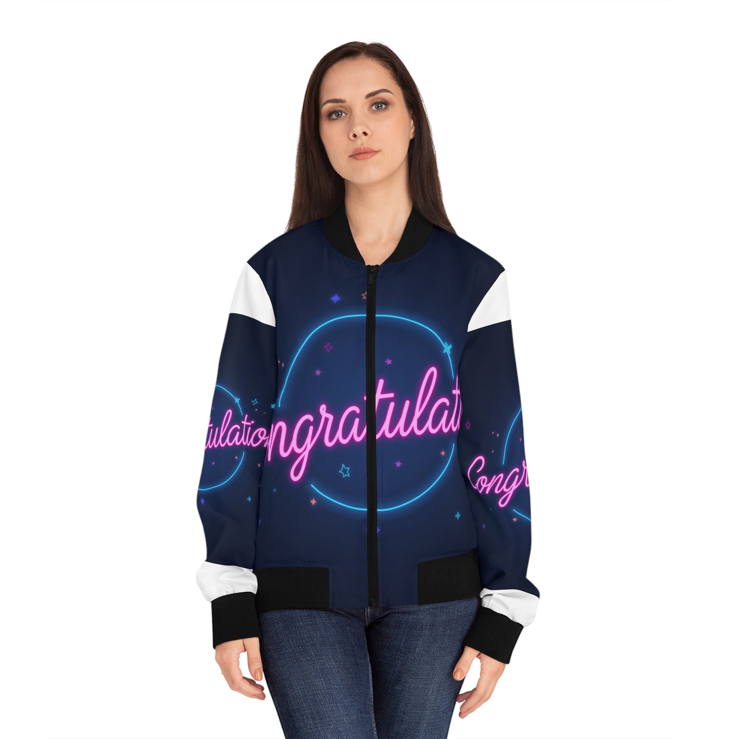 Women's Congratulations Bomber Jacket, Trendy Outerwear, Stylish Gift for Her, Perfect for Celebrations, Customizable Fashion