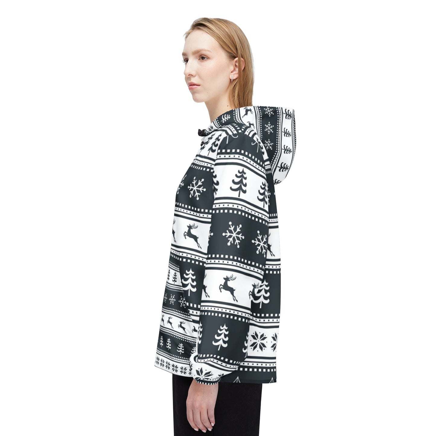 Festive Windbreaker Jacket, Cozy Christmas Outerwear, Unisex Holiday Jacket, Snowflake Print Raincoat, Winter Fashion Gift