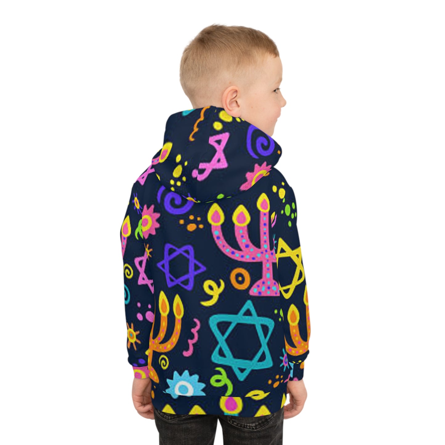 Vibrant Kids' Hoodie with Menorah and Stars, Cozy Holiday Wear, Perfect for Hanukkah, Gift for Children, Playful Design
