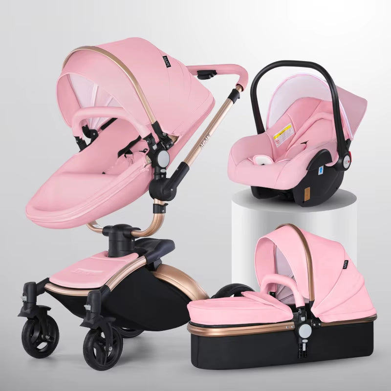 Baby Stroller 3 in 1 Luxury Pram for Newborn Carriage PU Leather High Landscape Trolley Car 360 Rotating Baby Pushchair Shell