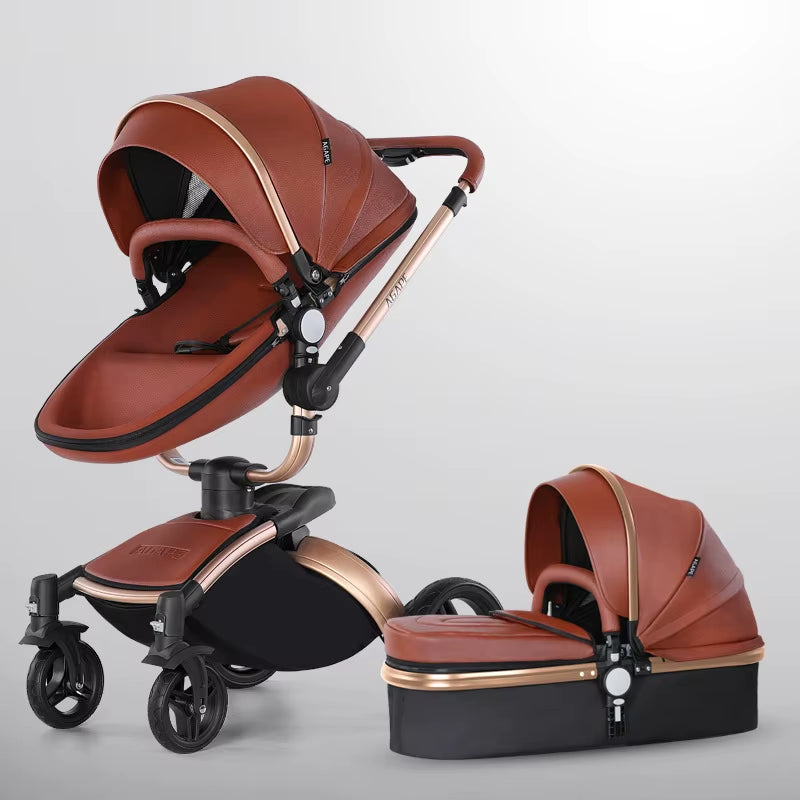 Baby Stroller 3 in 1 Luxury Pram for Newborn Carriage PU Leather High Landscape Trolley Car 360 Rotating Baby Pushchair Shell