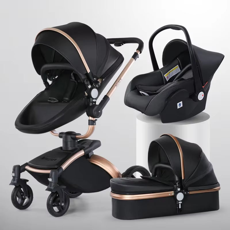 Baby Stroller 3 in 1 Luxury Pram for Newborn Carriage PU Leather High Landscape Trolley Car 360 Rotating Baby Pushchair Shell