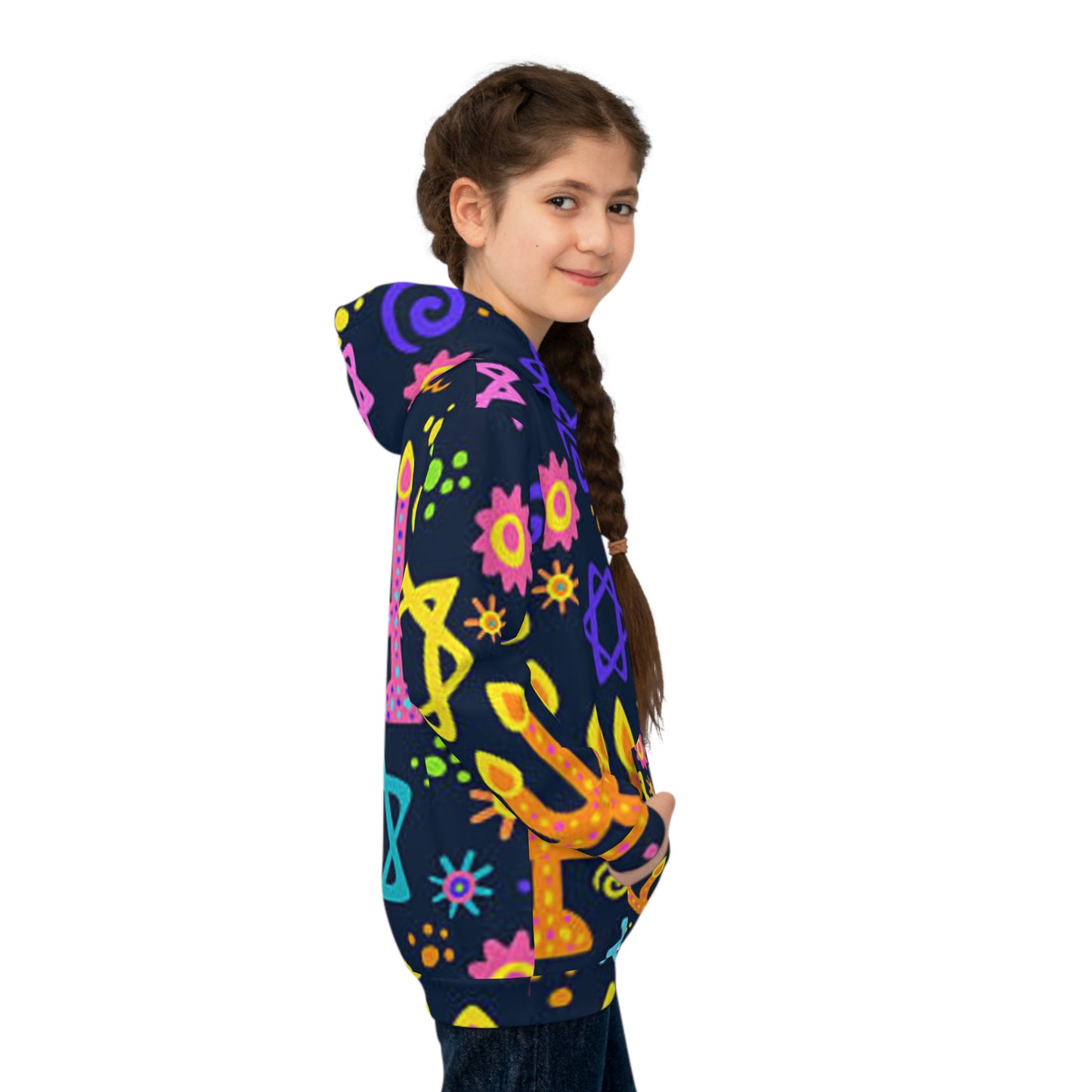Vibrant Kids' Hoodie with Menorah and Stars, Cozy Holiday Wear, Perfect for Hanukkah, Gift for Children, Playful Design
