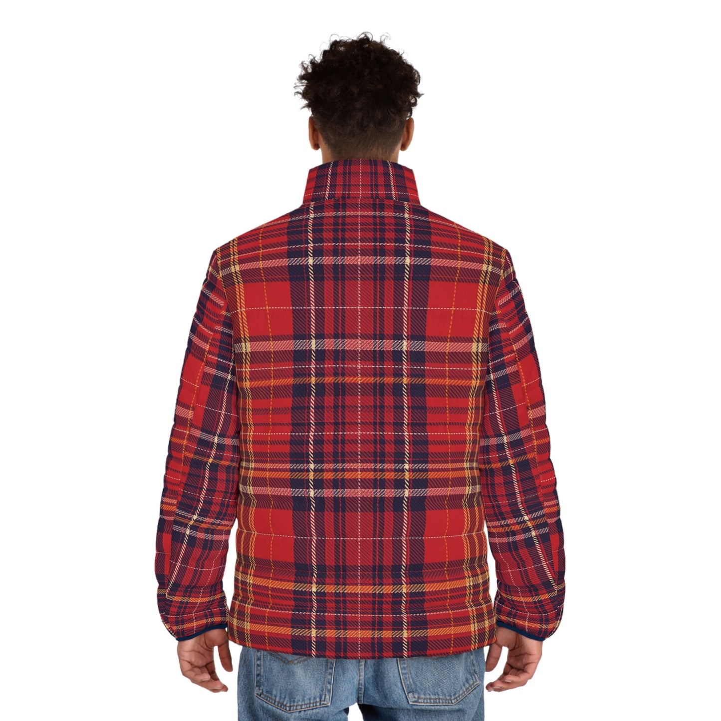 Plaid Men's Puffer Jacket in Red, Cozy Winter Outerwear, Perfect Gift for Holidays, Casual Style, Congratulations Theme