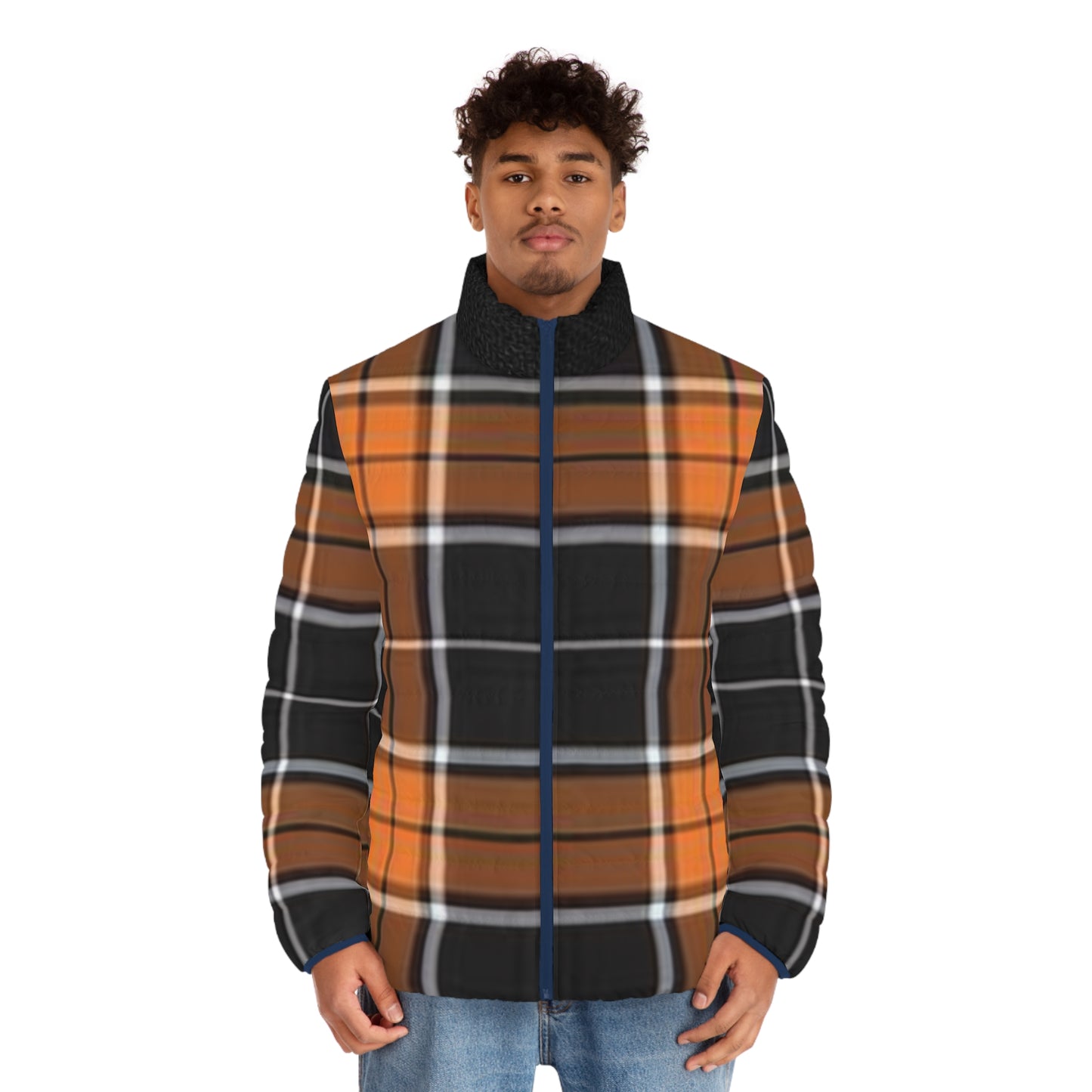 Autumn Plaid Men's Puffer Jacket | Cozy Layering Piece for Fall, Outdoor Adventures, Casual Wear, and Gifting