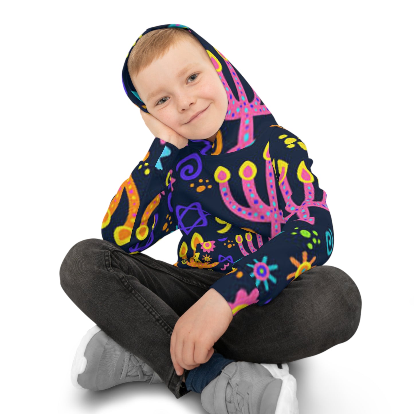 Vibrant Kids' Hoodie with Menorah and Stars, Cozy Holiday Wear, Perfect for Hanukkah, Gift for Children, Playful Design