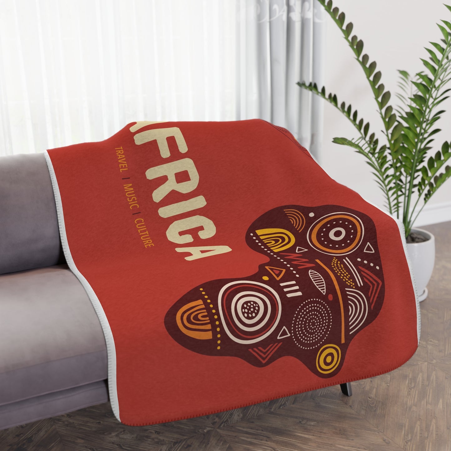 Africa-Inspired Tan Sherpa Blanket | Cozy Home Decor, Travel Gift, Warm Throw, Cultural Art Blanket, Perfect for All Occasions